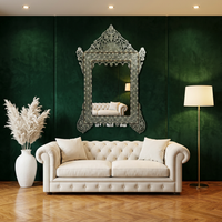 Wall Mirror — Camel Bone, Mother of Pearl & Wood with Pierced Floral Crown & Sculpted Feet