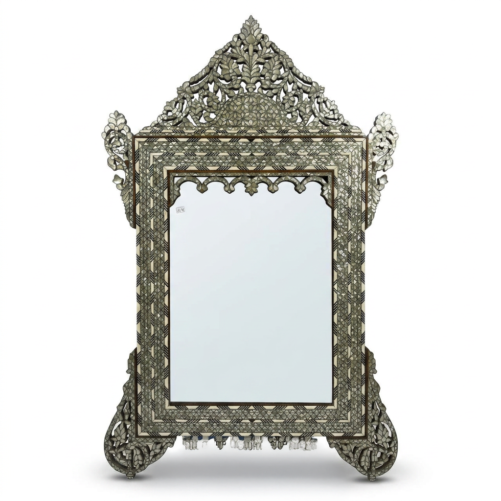 Wall Mirror — Camel Bone, Mother of Pearl & Wood with Pierced Floral Crown & Sculpted Feet
