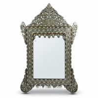 Wall Mirror — Camel Bone, Mother of Pearl & Wood with Pierced Floral Crown & Sculpted Feet