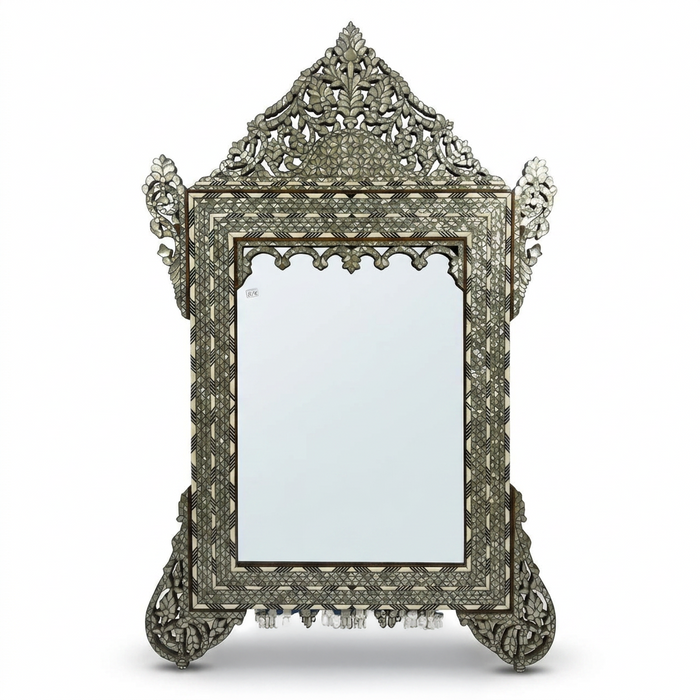 Wall Mirror — Camel Bone, Mother of Pearl & Wood with Pierced Floral Crown & Sculpted Feet