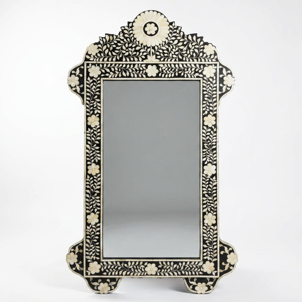 Wall Mirror — Camel Bone Floral Vine & Daisy Inlay on Ebony & Resin Frame