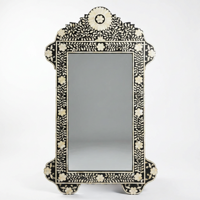 Wall Mirror — Camel Bone Floral Vine & Daisy Inlay on Ebony & Resin Frame
