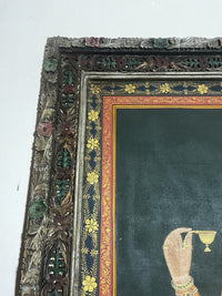 Antique Royal Portrait Painting — Mughal Miniature Style on Canvas in Hand-Carved Wooden Frame