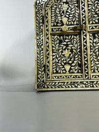 Hand-Inlaid Moorish Arch Cabinet — Camel Bone on Black Resin with Floral Vine Panels