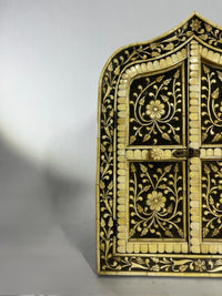 Hand-Crafted Moorish Arch Cabinet — Bone Mosaic & Resin with Floral Vine Panels