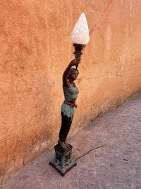 Bronze Female Torchère Floor Lamps — Matching Pair of Art Deco Torch Bearers with Frosted Glass Flame Shade