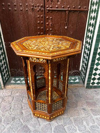 Walnut & Mother of Pearl Octagonal Side Table — Khatam Geometric Mosaic with Moorish Arch Apron