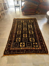 Handknotted Wool Tribal Rug — Ebony Field with Grid of Diamond Medallions