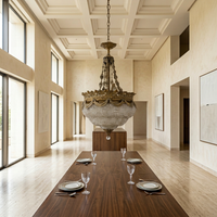 Monumental Empire-Style Brass & Crystal Basket Chandelier — Draped Bronze Crown with Crystal Bead Basket, Single