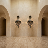 Moorish Cloisonné Enamel Pendant Lanterns — Hand-Enamelled Polychrome Globe, Matching Pair