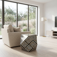 Mother of Pearl & Black Resin Geometric Stool — Linear Basketweave
