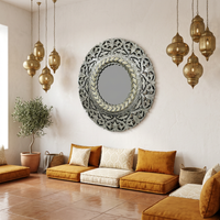 Round Wall Mirror — Pierced Carved Frame with Camel Bone, Mother of Pearl & Wood Arabesques