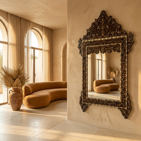 Wall Mirror — Hand-Engraved Walnut with Mother of Pearl Inlay & Pointed Arch Crown