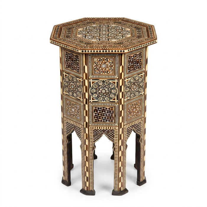 Syrian Octagonal Side Table — Camel Bone, Mother of Pearl & Wood Marquetry
