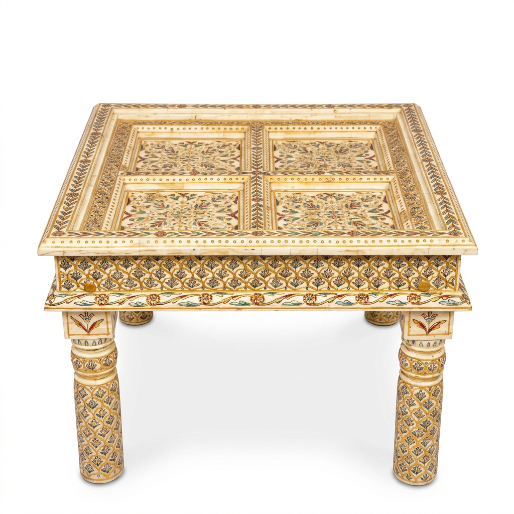 Low Table — Hand-Painted Camel Bone with Four-Panel Floral Top