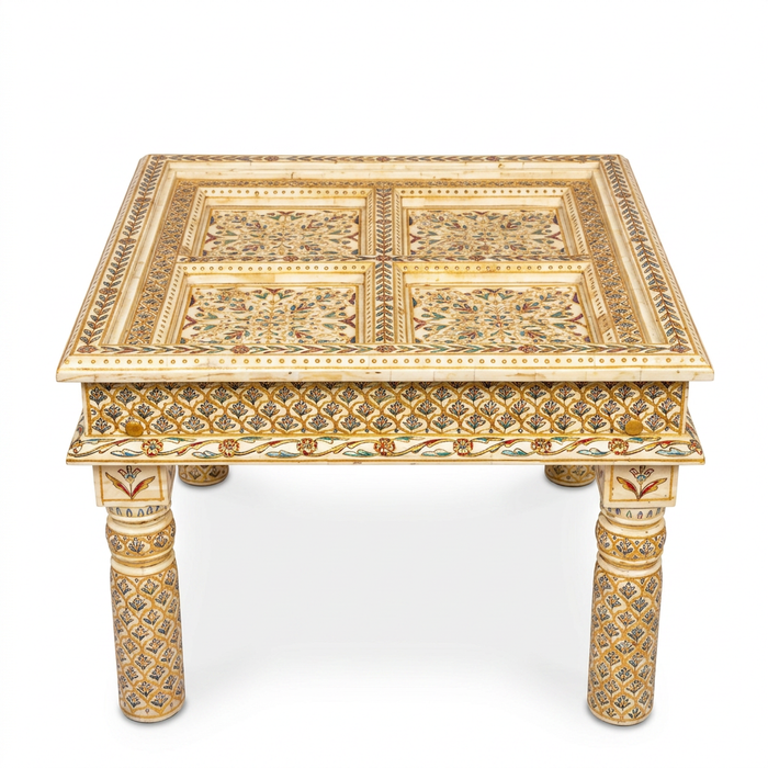 Low Table — Hand-Painted Camel Bone with Four-Panel Floral Top