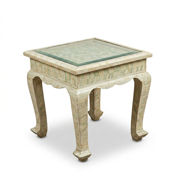 Camel Bone Side Table — Glass Top with Cabriole Legs