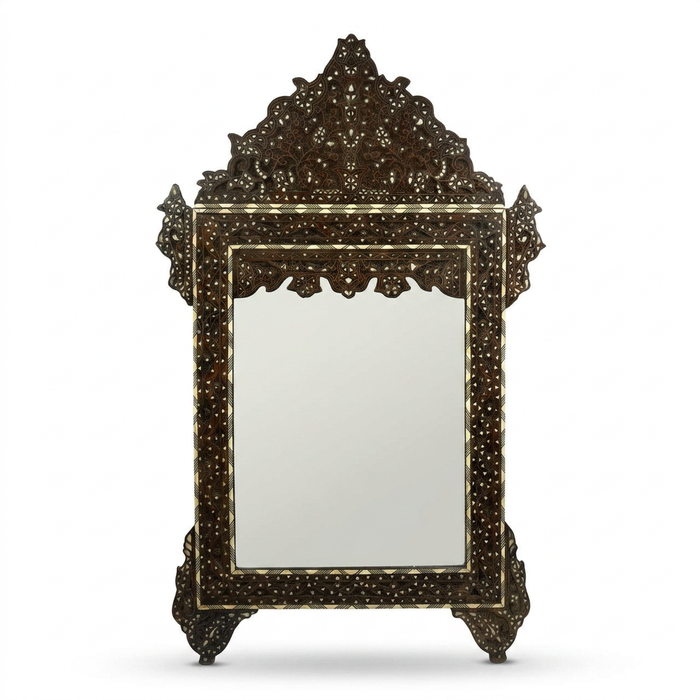Wall Mirror — Hand-Engraved Walnut with Mother of Pearl Inlay & Pointed Arch Crown