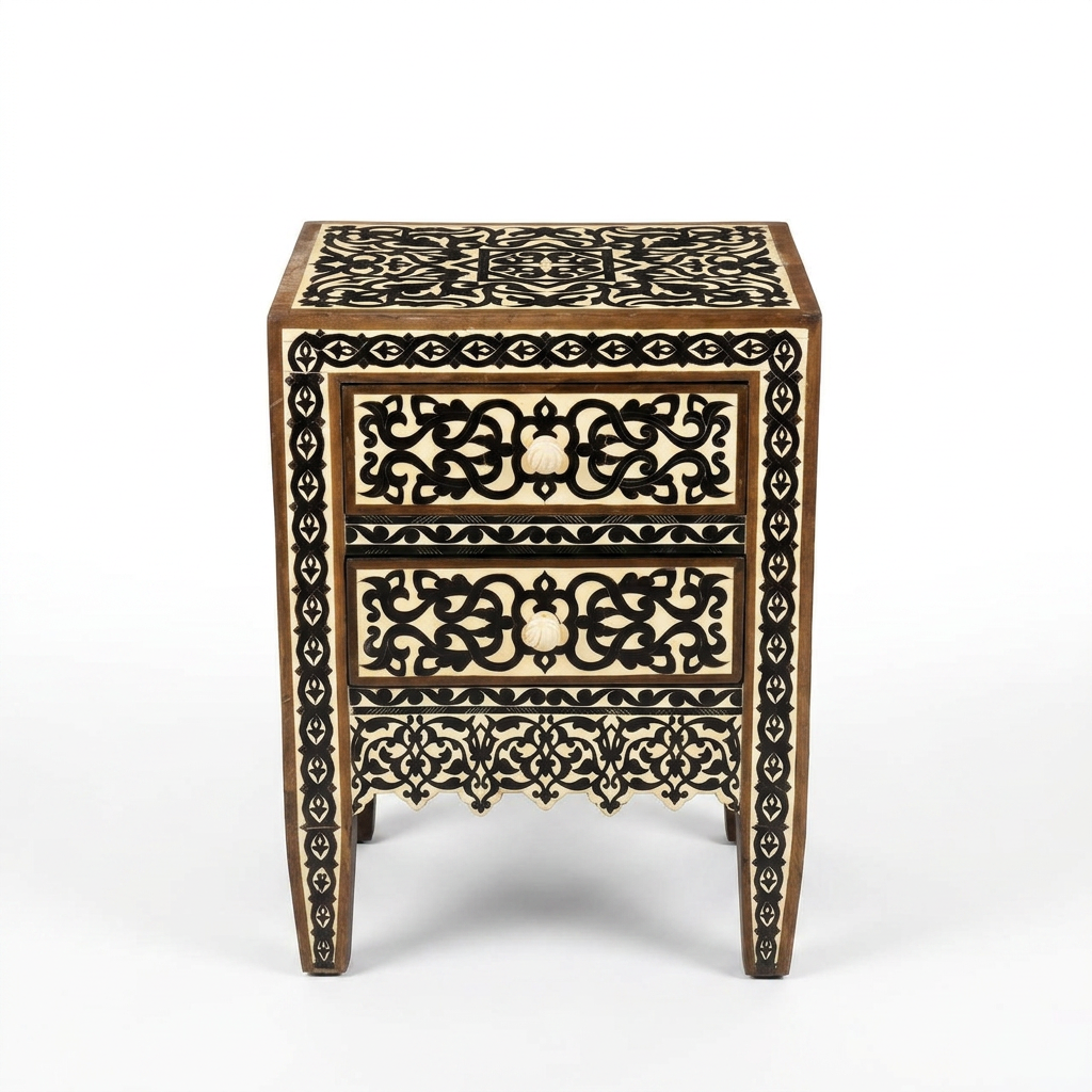 Moroccan Bedside Table — Camel Bone & Black Wood Marquetry with Two Drawers