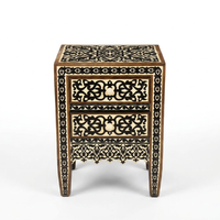 Moroccan Bedside Table — Camel Bone & Black Wood Marquetry with Two Drawers