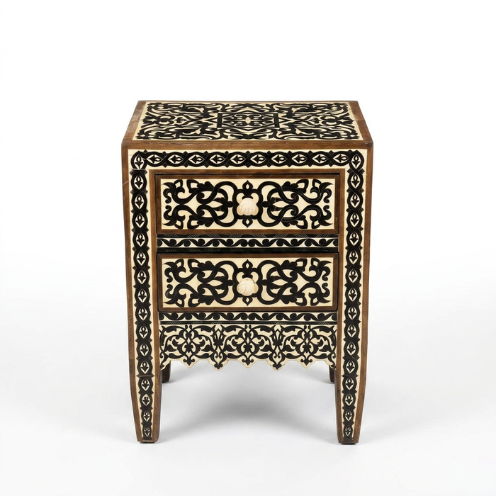 Moroccan Bedside Table — Camel Bone & Black Wood Marquetry with Two Drawers