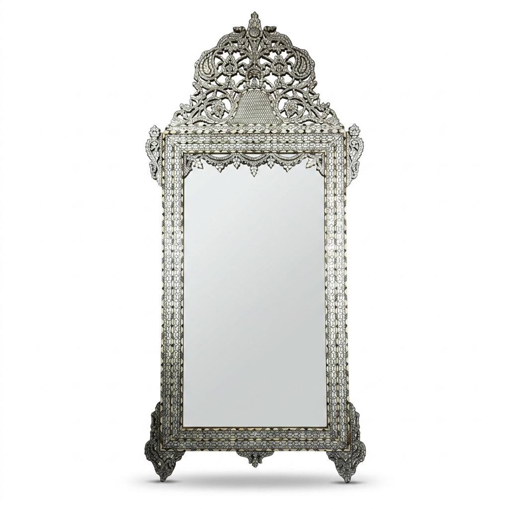 Grand Floor Mirror — Camel Bone, Mother of Pearl & Carved Wood with Pierced Phoenix Crown