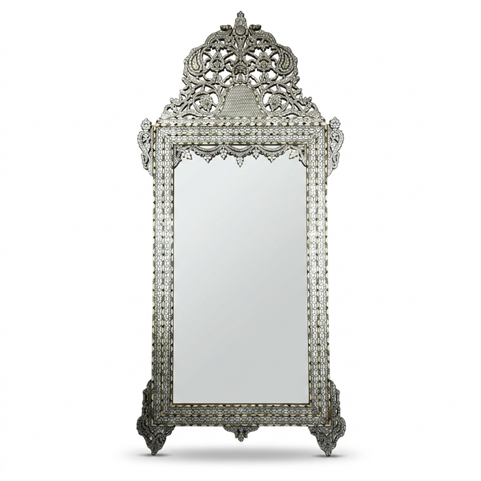 Grand Floor Mirror — Camel Bone, Mother of Pearl & Carved Wood with Pierced Phoenix Crown