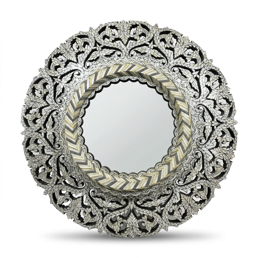 Round Wall Mirror — Pierced Carved Frame with Camel Bone, Mother of Pearl & Wood Arabesques