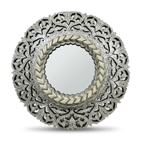 Round Wall Mirror — Pierced Carved Frame with Camel Bone, Mother of Pearl & Wood Arabesques