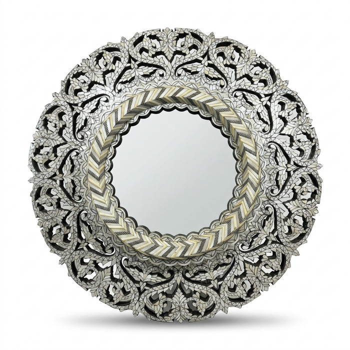 Round Wall Mirror — Pierced Carved Frame with Camel Bone, Mother of Pearl & Wood Arabesques
