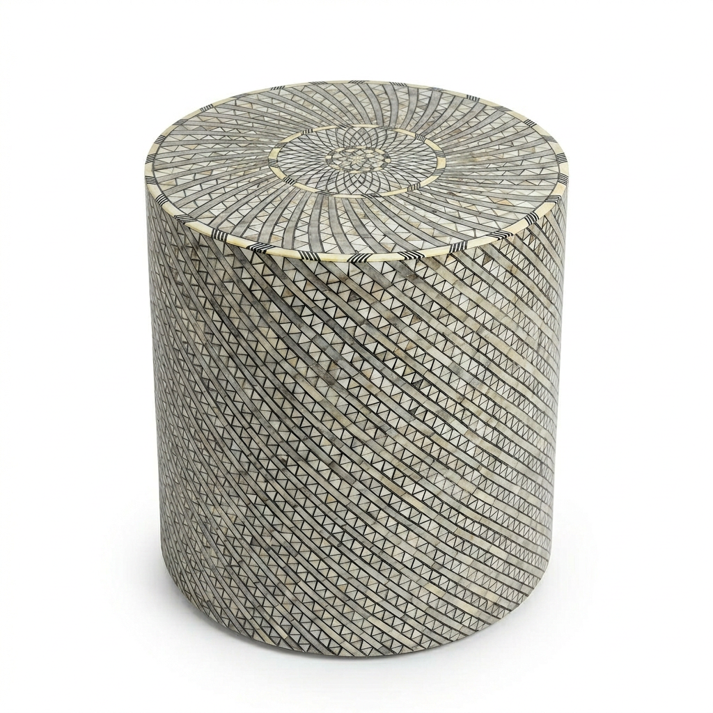 Cylindrical Side Table — Mother of Pearl & Camel Bone Inlay with Spiral Sunburst
