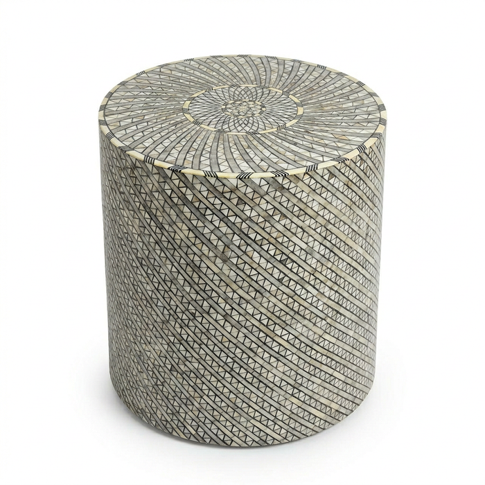 Cylindrical Side Table — Mother of Pearl & Camel Bone Inlay with Spiral Sunburst