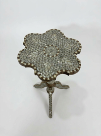 Syrian Pedestal Side Tables — Full Mother of Pearl Mosaic with Scalloped Top — Set of 2