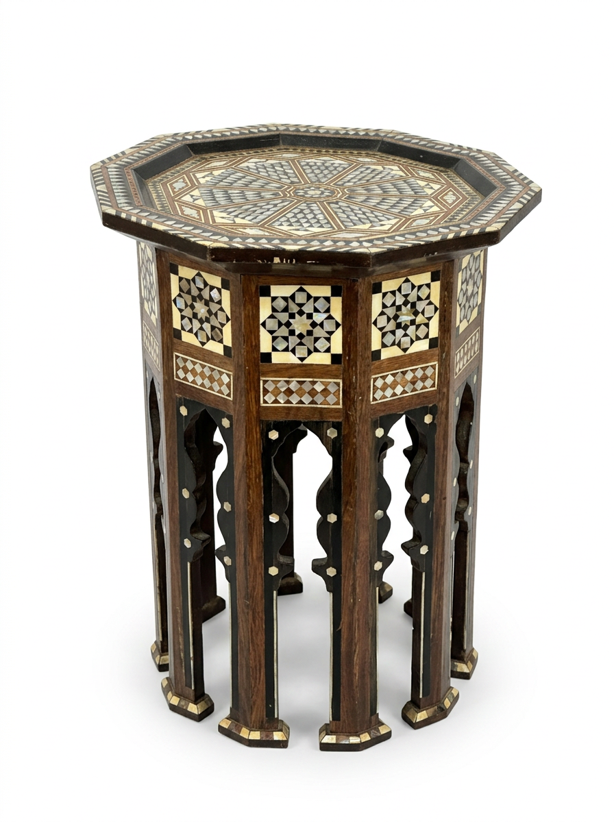 Syrian Octagonal Side Table — Camel Bone, Mother of Pearl & Walnut with Open Carved Arches