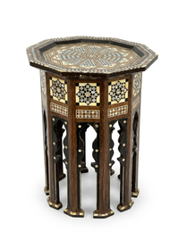 Syrian Octagonal Side Table — Camel Bone, Mother of Pearl & Walnut with Open Carved Arches
