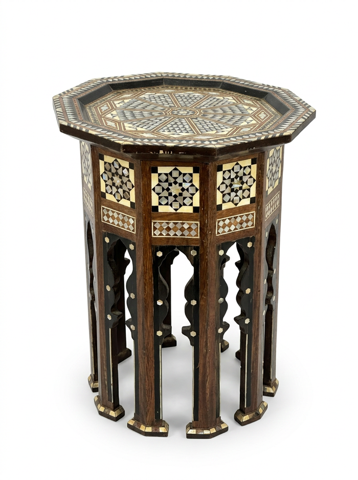Syrian Octagonal Side Table — Camel Bone, Mother of Pearl & Walnut with Open Carved Arches