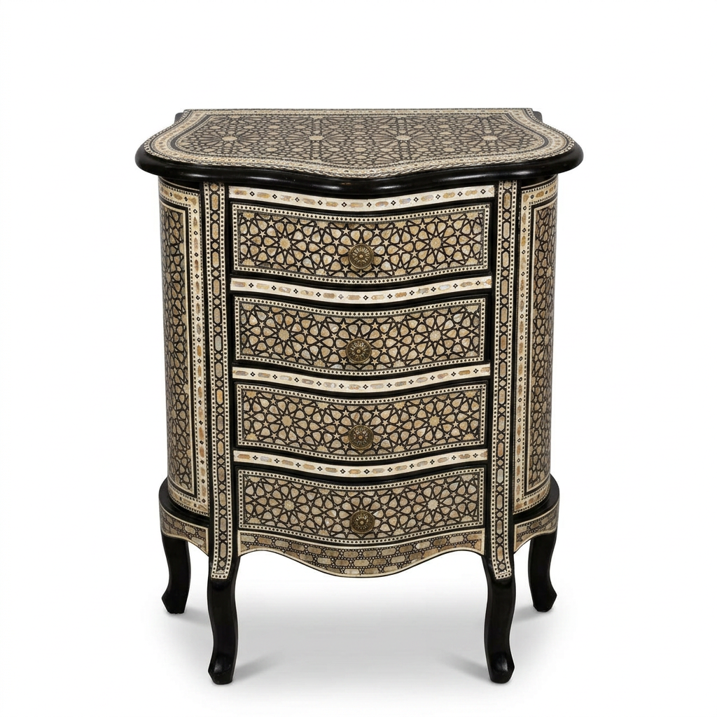 Syrian Commode — Mother of Pearl & Wood Marquetry on Black with Four Drawers