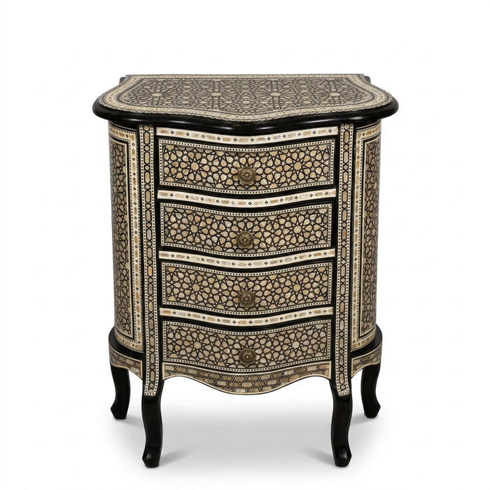 Syrian Commode — Mother of Pearl & Wood Marquetry on Black with Four Drawers