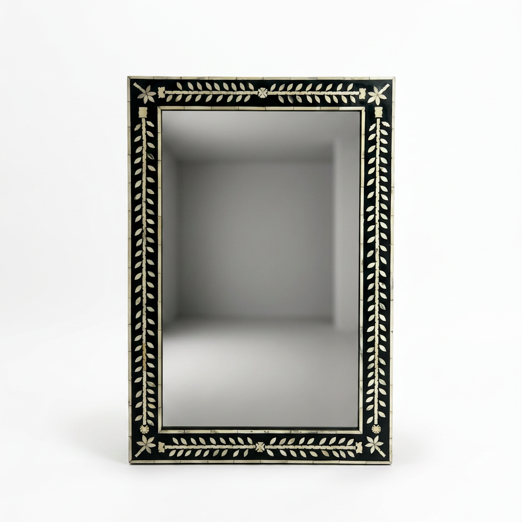 Wall Mirror — Camel Bone Floral Vine Inlay on Ebony & Resin Frame