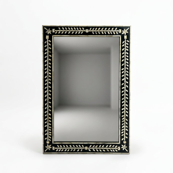 Wall Mirror — Camel Bone Floral Vine Inlay on Ebony & Resin Frame