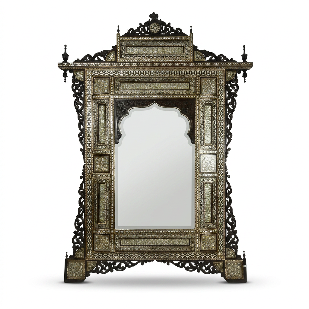 Grand Wall Mirror — Mother of Pearl, Camel Bone & Hand-Engraved Wood with Architectural Pediment Crown