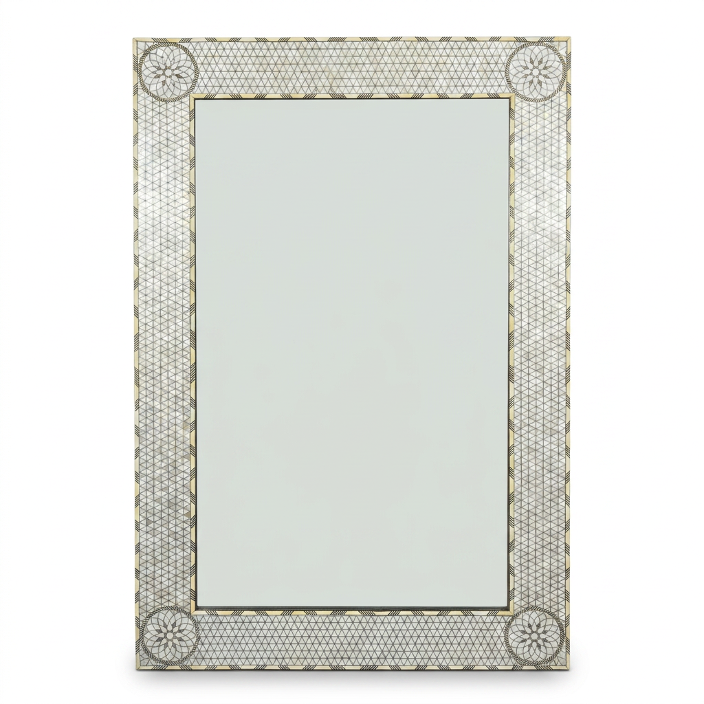 Full-Length Wall Mirror — Mother of Pearl & Camel Bone Geometric Inlay with Corner Medallions