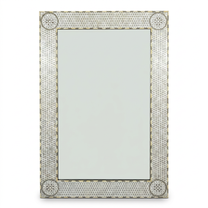 Full-Length Wall Mirror — Mother of Pearl & Camel Bone Geometric Inlay with Corner Medallions
