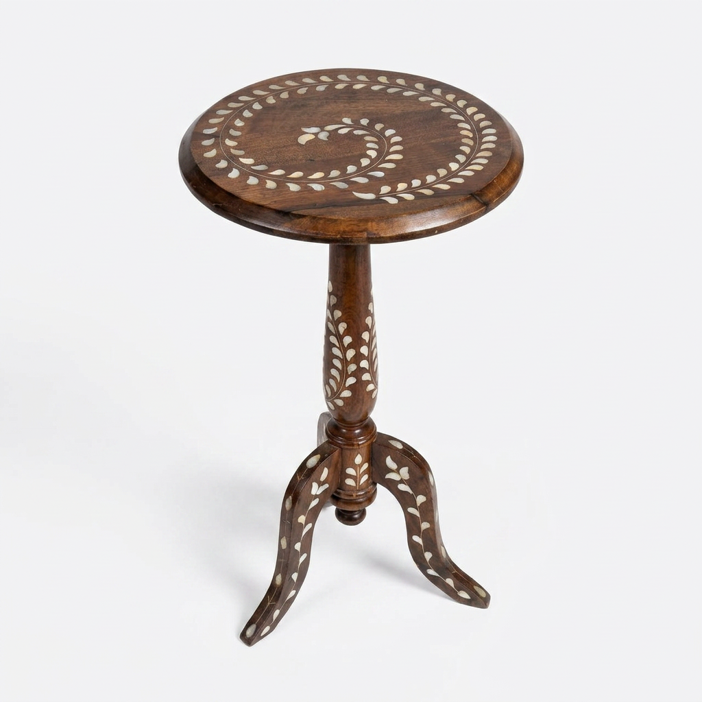 Moroccan Round Pedestal Side Table — Walnut Wood with Mother of Pearl Inlay