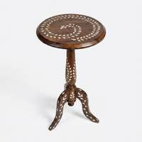 Moroccan Round Pedestal Side Table — Walnut Wood with Mother of Pearl Inlay