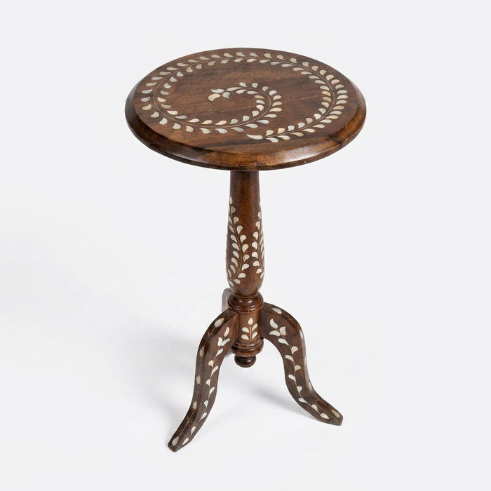 Moroccan Round Pedestal Side Table — Walnut Wood with Mother of Pearl Inlay