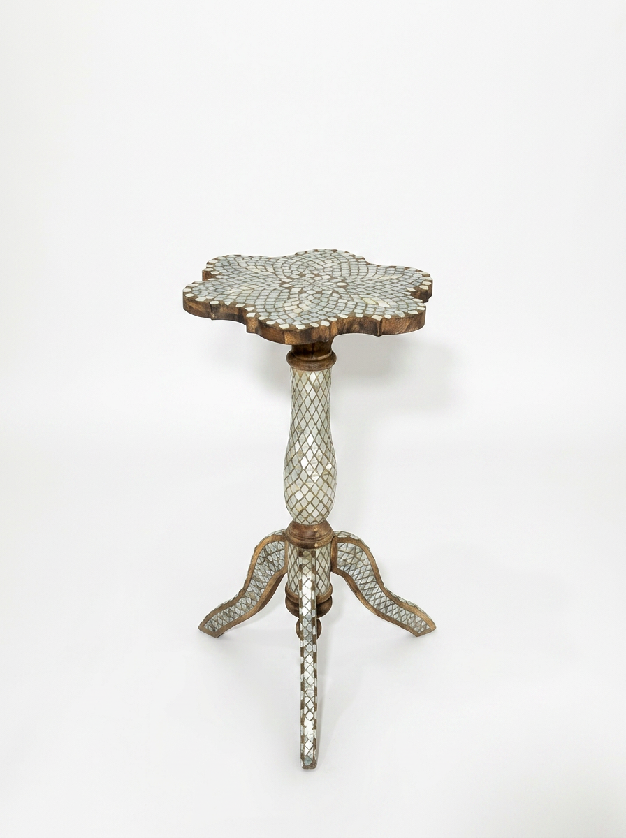 Syrian Pedestal Side Tables — Full Mother of Pearl Mosaic with Scalloped Top — Set of 2