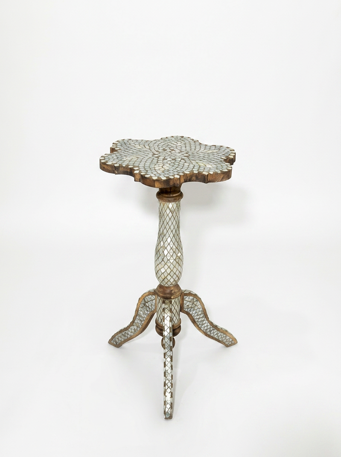 Syrian Pedestal Side Tables — Full Mother of Pearl Mosaic with Scalloped Top — Set of 2