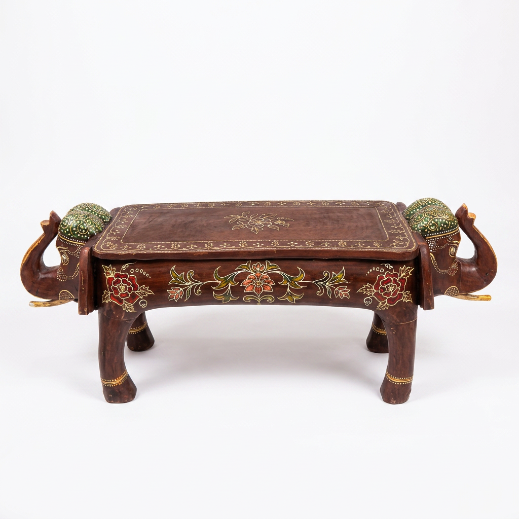 Indian Elephant Decorative Table — Hand-Carved & Painted Wood with Gold Details