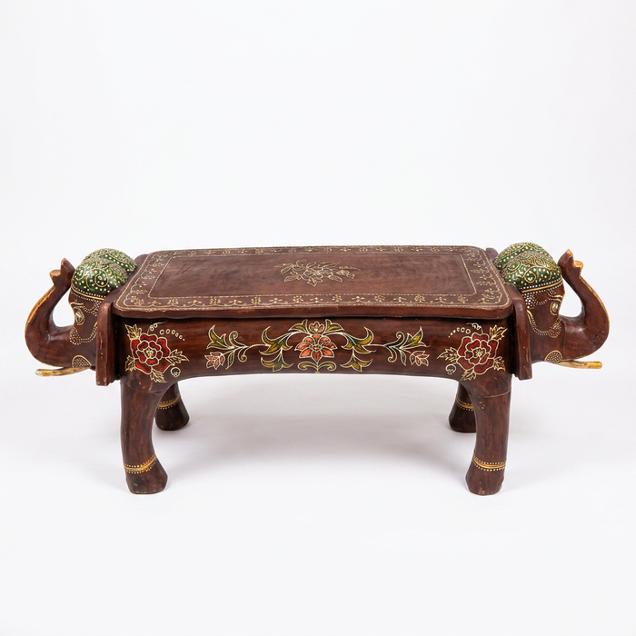 Indian Elephant Decorative Table — Hand-Carved & Painted Wood with Gold Details